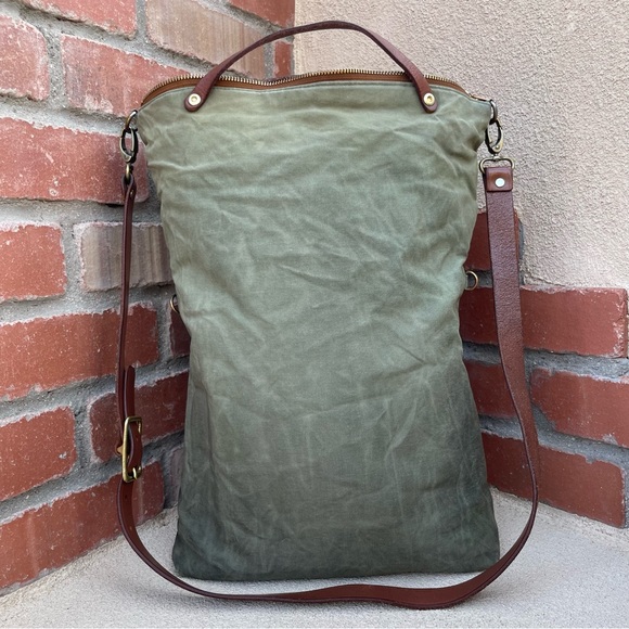 Handmade Convertible Waxed Canvas Tote with Leather Strap in Avocado Green - Picture 4 of 11